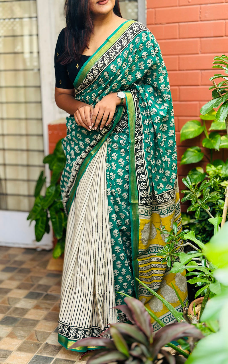 EXP - Kanmani  Green with Black Handblock printed Maheshwari silk cotton saree