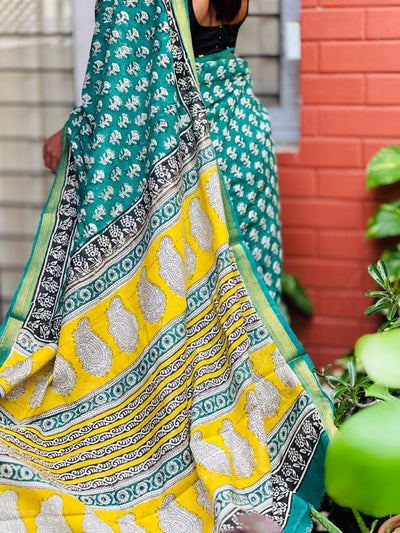 EXP - Kanmani  Green with Black Handblock printed Maheshwari silk cotton saree