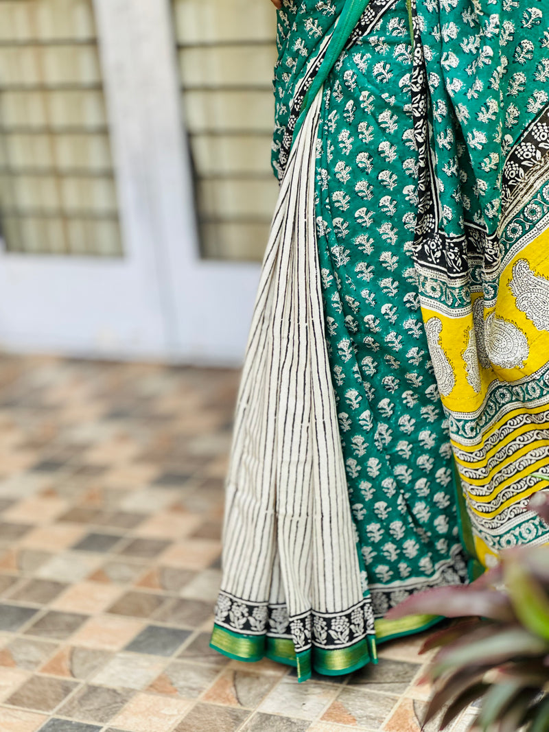 EXP - Kanmani  Green with Black Handblock printed Maheshwari silk cotton saree