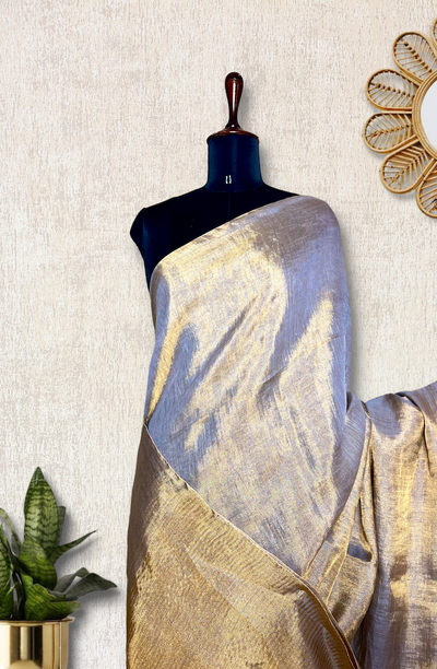 Handwoven Metallic Linen Tissue Saree - Gray Gold