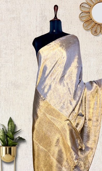 Handwoven Metallic Linen Tissue Saree - Gray Gold