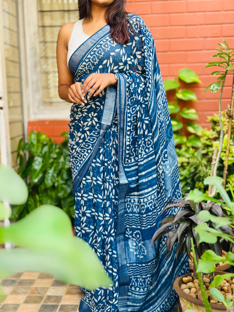 EXP - Kanmani - Indigo Floral linen saree