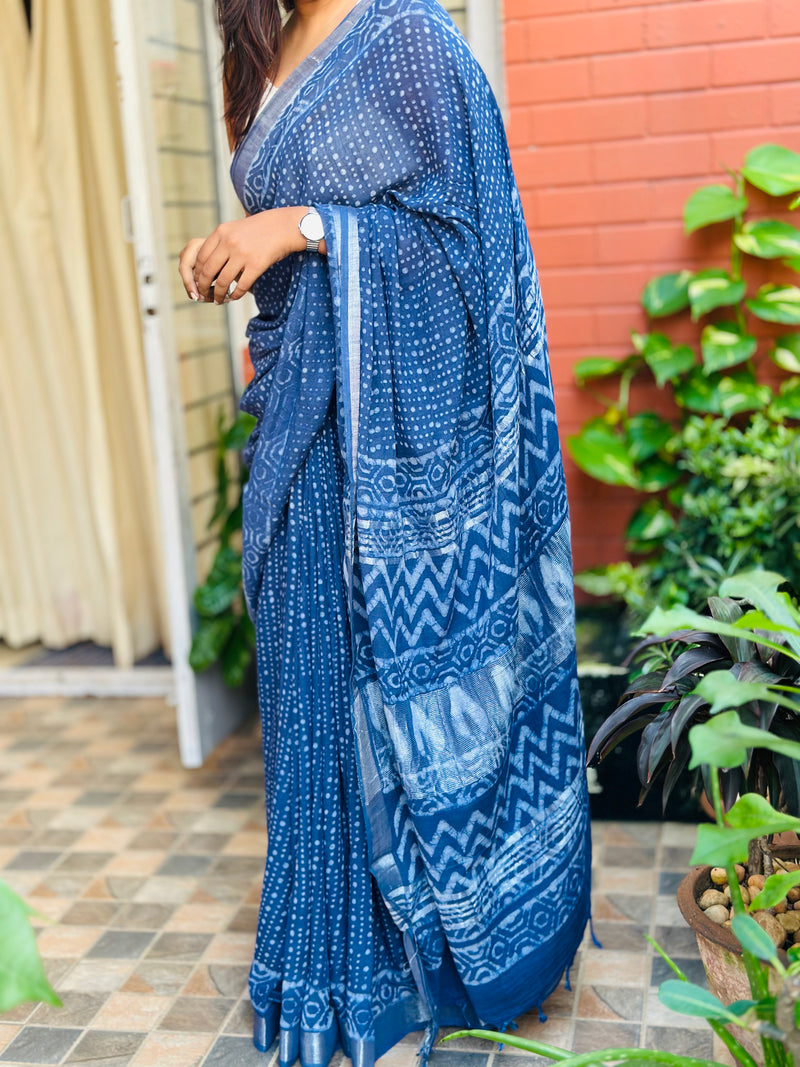 EXP - Kanmani -  Indigo polka Dot  Linen Saree