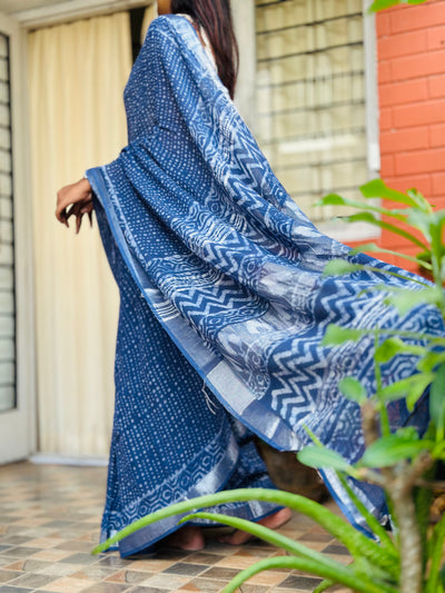 EXP - Kanmani -  Indigo polka Dot  Linen Saree