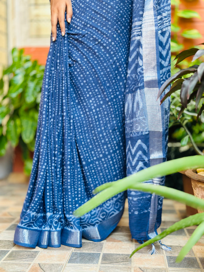 EXP - Kanmani -  Indigo polka Dot  Linen Saree