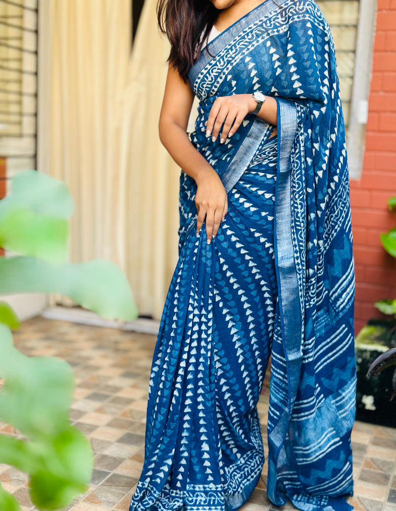 EXP - Kanmani -  Indigo arrow linen saree