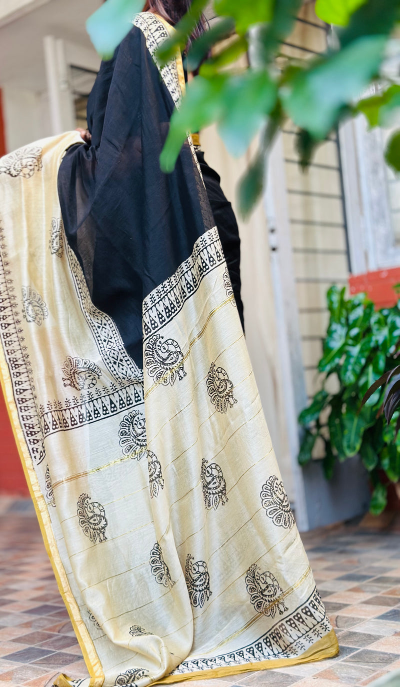 EXP - Kanmani  Black with sandal Handblock printed Chanderi silk saree