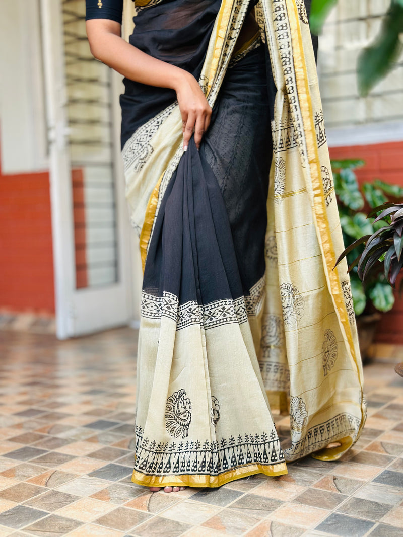 EXP - Kanmani  Black with sandal Handblock printed Chanderi silk saree