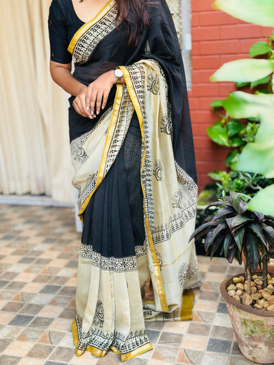 EXP - Kanmani  Black with sandal Handblock printed Chanderi silk saree