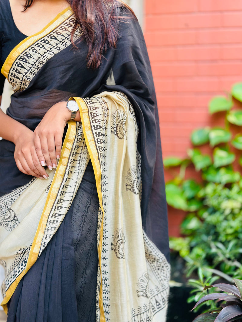 EXP - Kanmani  Black with sandal Handblock printed Chanderi silk saree