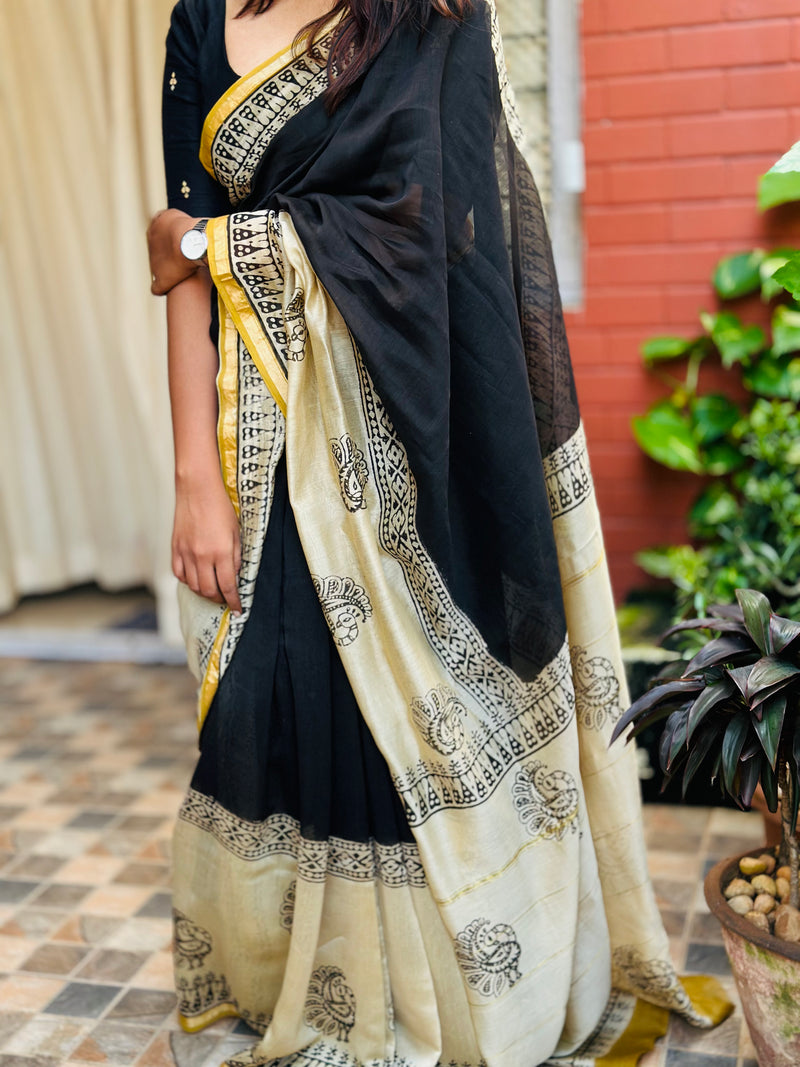 EXP - Kanmani  Black with sandal Handblock printed Chanderi silk saree