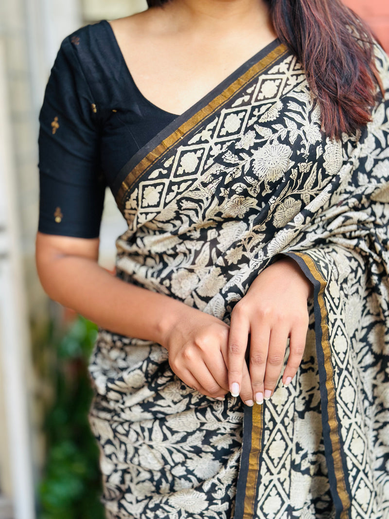 EXP - Kanmani  Black Handblock printed Chanderi silk saree