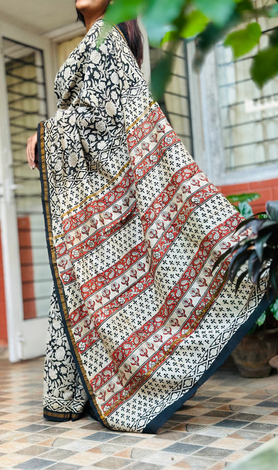 EXP - Kanmani  Black Handblock printed Chanderi silk saree