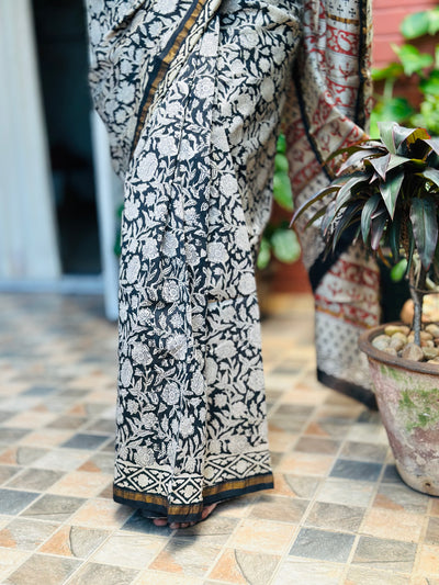 EXP - Kanmani  Black Handblock printed Chanderi silk saree