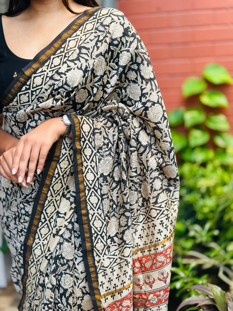 EXP - Kanmani  Black Handblock printed Chanderi silk saree