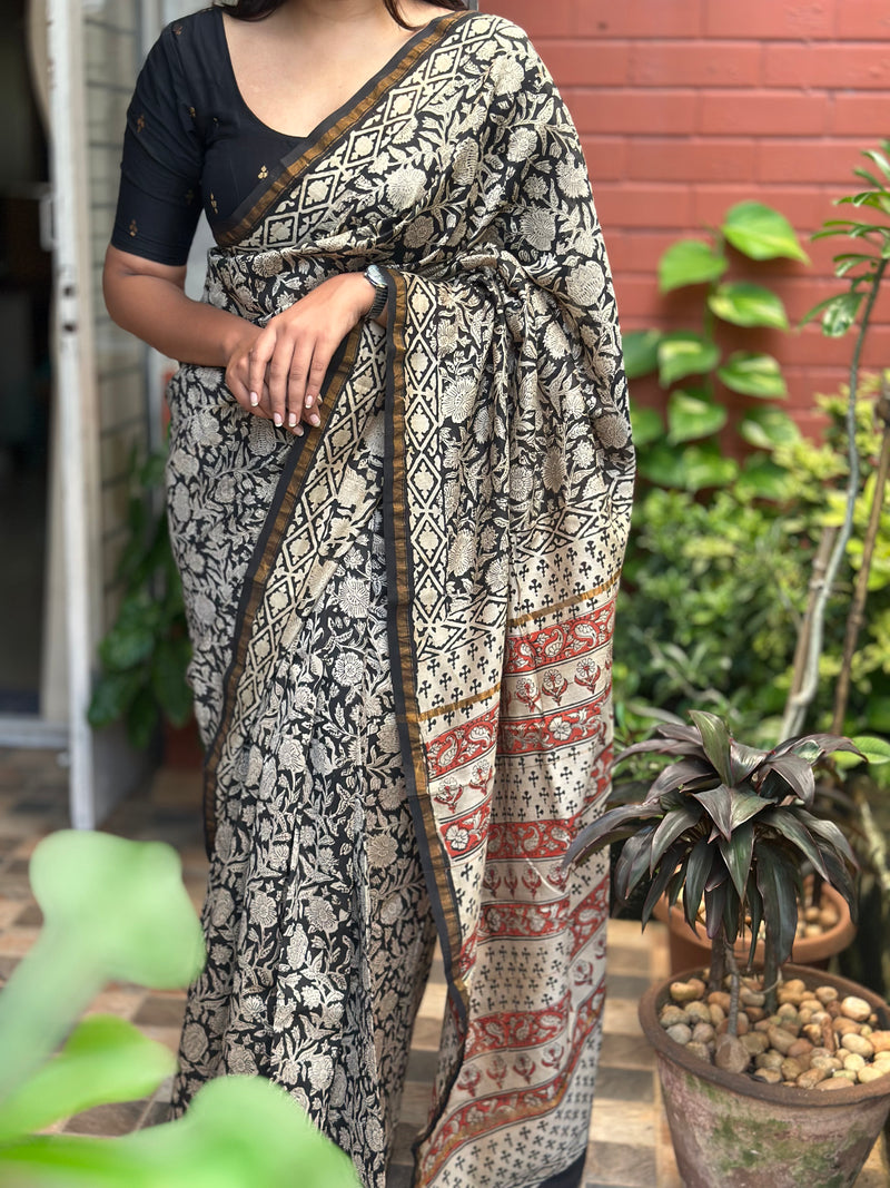 EXP - Kanmani  Black Handblock printed Chanderi silk saree