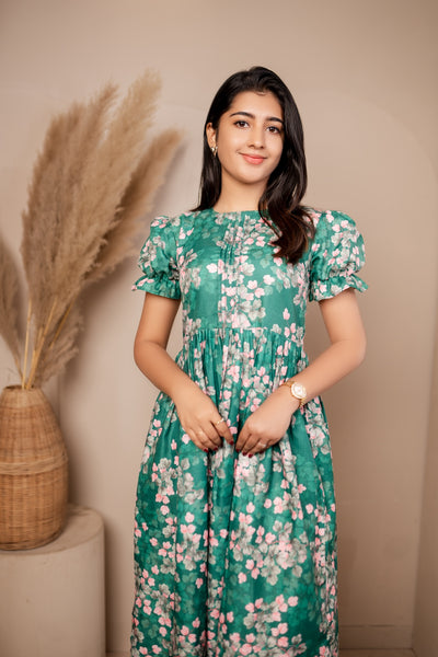 Green & Peach Floral Dress