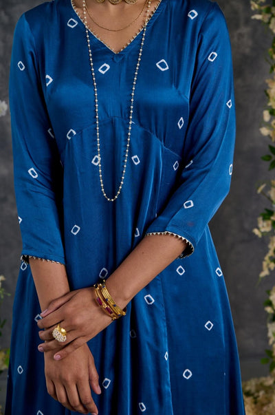 EXP - Indigo Bandhani A-line modal satin kurta pant set