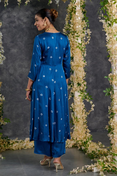 EXP - Indigo Bandhani A-line modal satin kurta pant set
