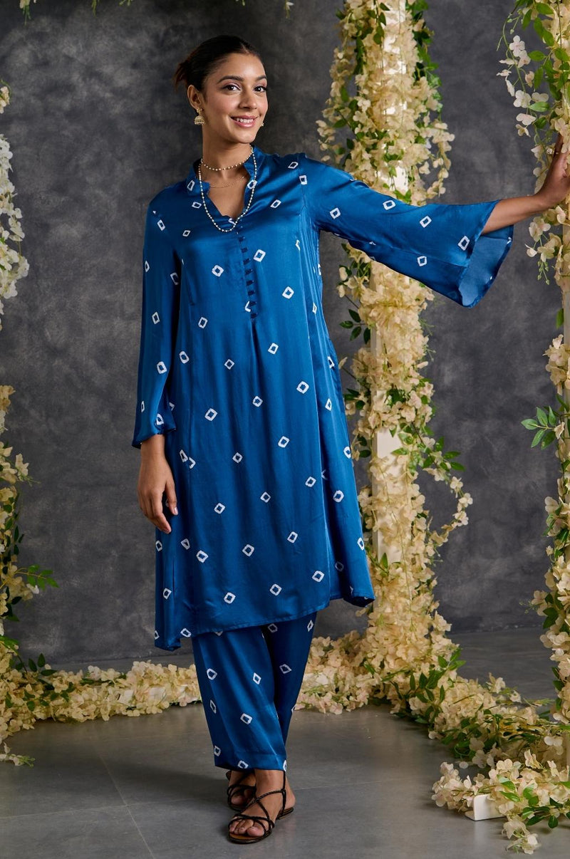 EXP - Indigo bandhani modal satin kurta pant set