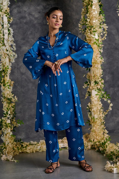 EXP - Indigo bandhani modal satin kurta pant set