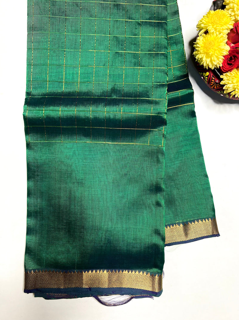 Handwoven Mangalgiri Silk Cotton Saree - Elf Green + Gold