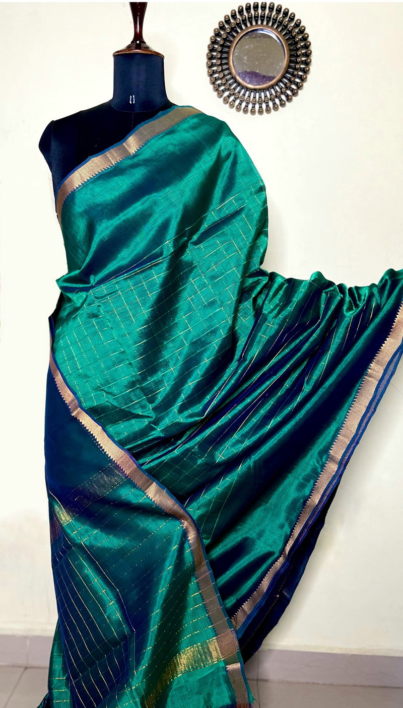 Handwoven Mangalgiri Silk Cotton Saree - Elf Green + Gold