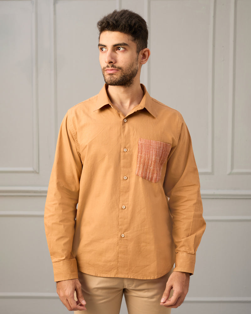 EXP - Brown Khadi Cotton Shirt With Patch Pocket And Elbow Patches