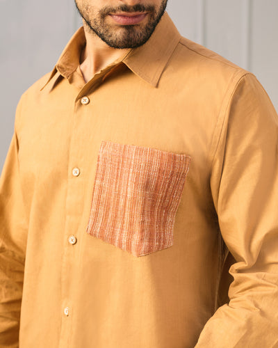 EXP - Brown Khadi Cotton Shirt With Patch Pocket And Elbow Patches