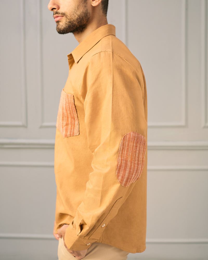 EXP - Brown Khadi Cotton Shirt With Patch Pocket And Elbow Patches