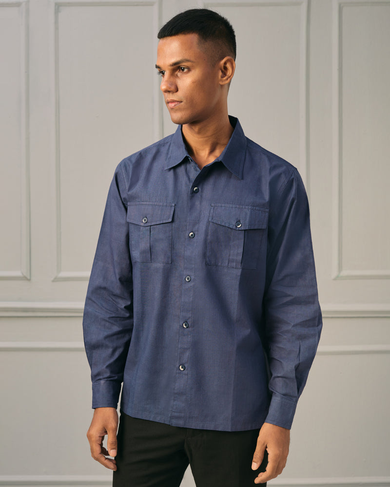 EXP - Navy Blue Khadi Cotton Full Sleeve Shirt With Double Pocket