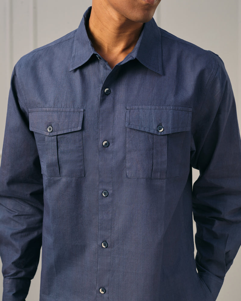 EXP - Navy Blue Khadi Cotton Full Sleeve Shirt With Double Pocket