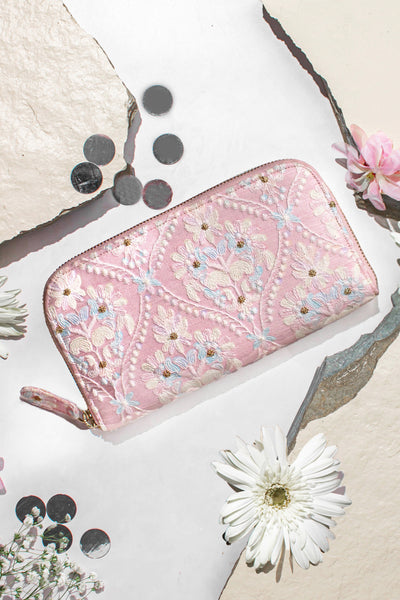Anaqat Silk Embroidered Wallet Baby Pink