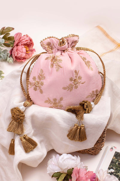 Baby Pink Velvet Embroidered Potli