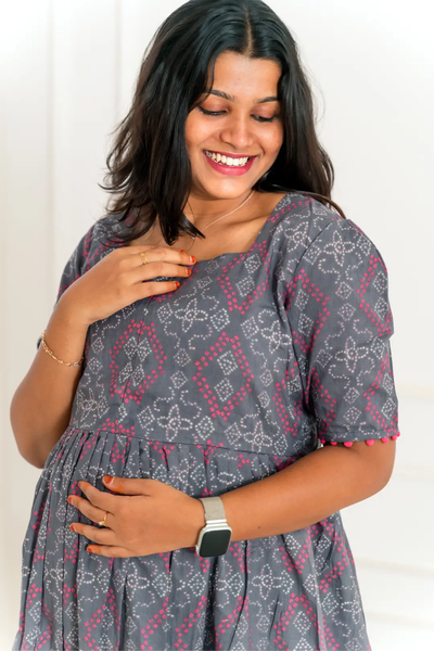 Grey Rangoli Maternity Feeding Dress