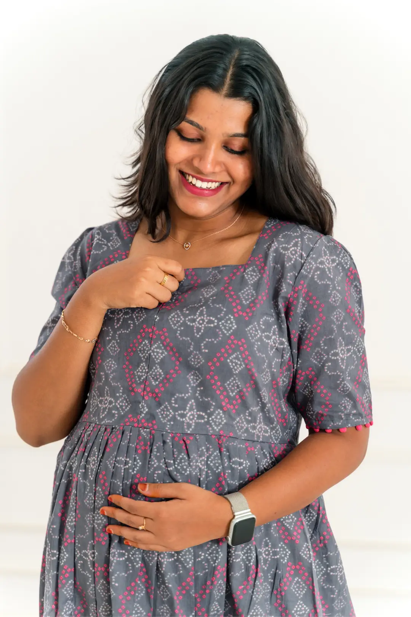 Grey Rangoli Maternity Feeding Dress