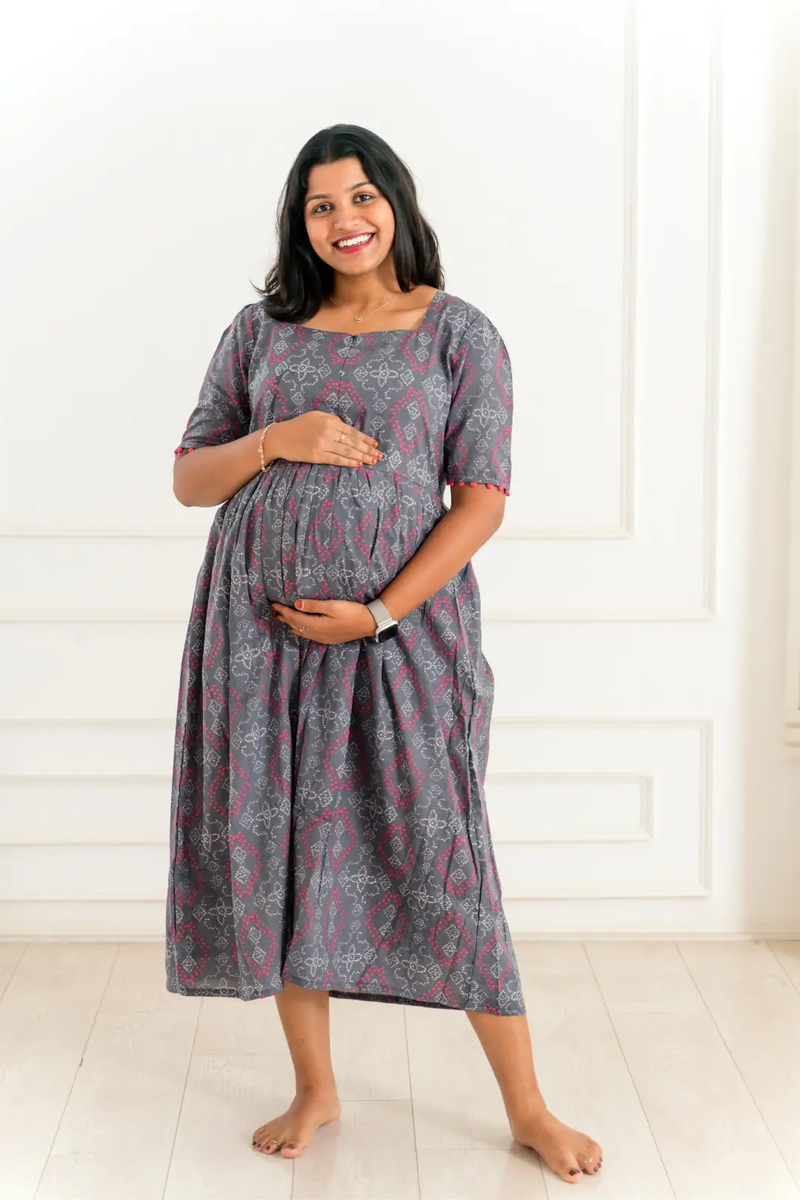 Grey Rangoli Maternity Feeding Dress