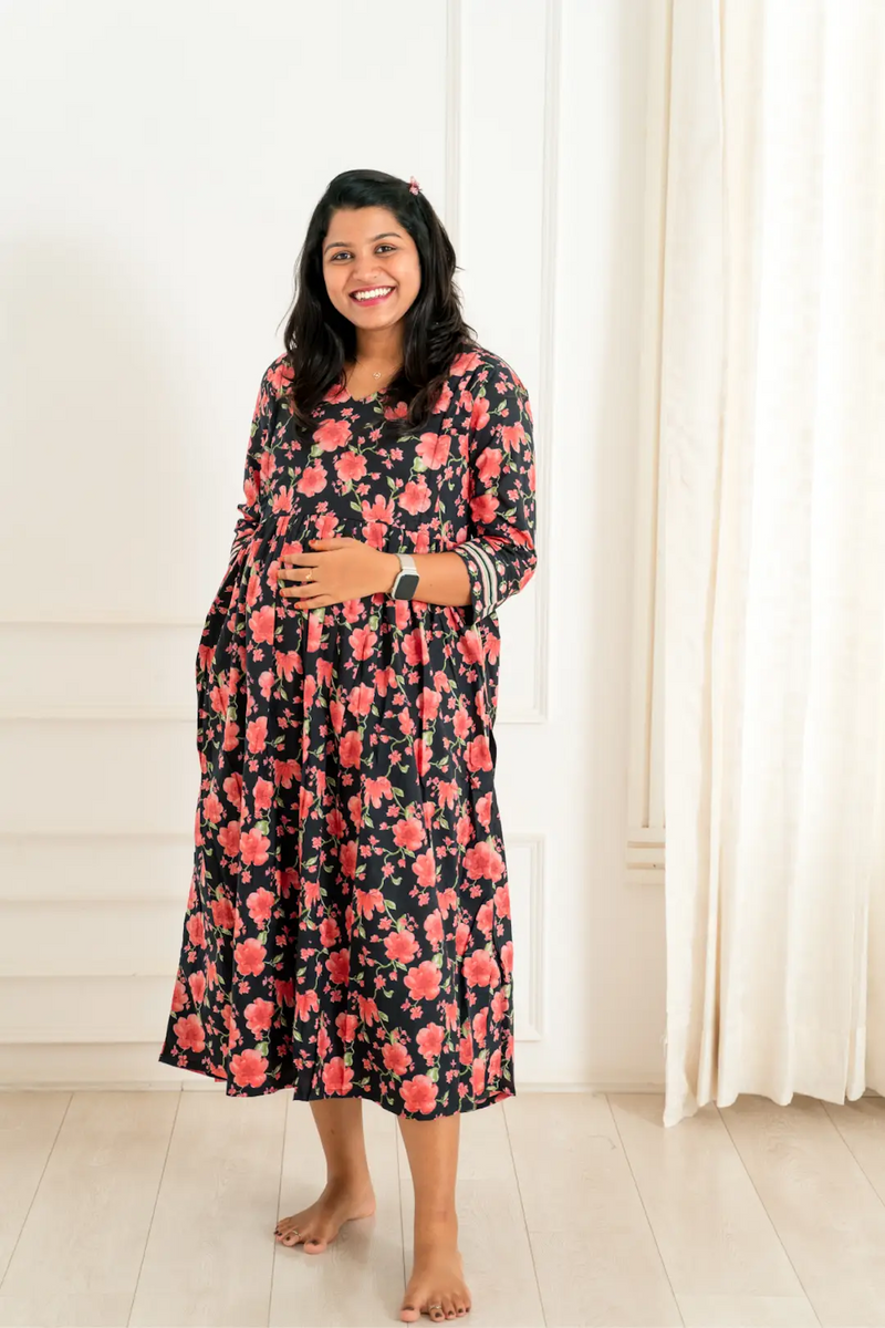 Black Floral Maternity Feeding Dress