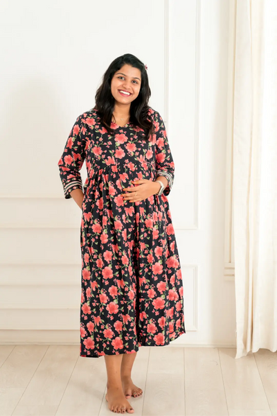 Black Floral Maternity Feeding Dress