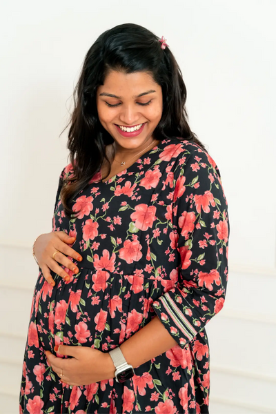 Black Floral Maternity Feeding Dress