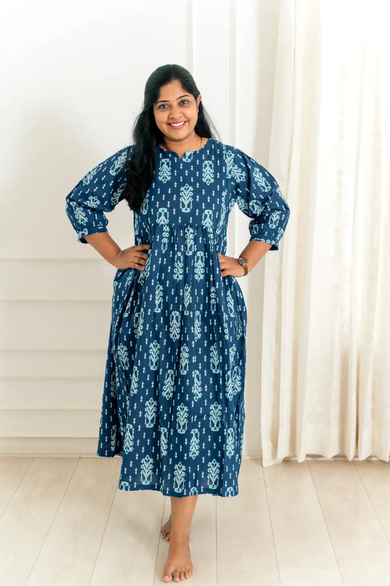 Blue Ikkat Maternity Nursing Dress