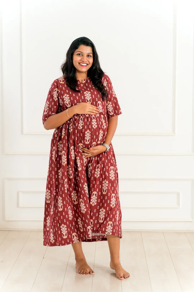 Maroon Ikkat Maternity Nursing Dress