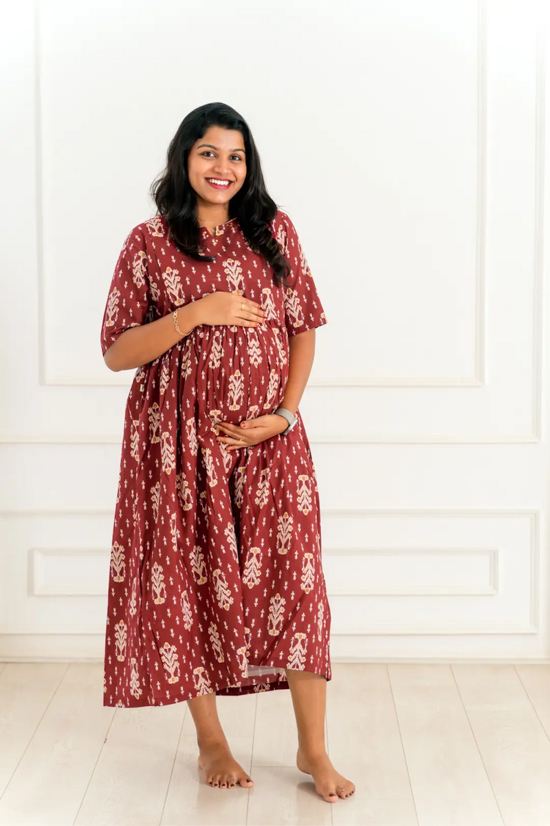 Maroon Ikkat Maternity Nursing Dress