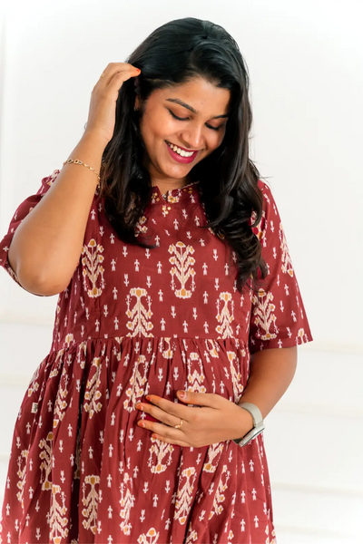 Maroon Ikkat Maternity Nursing Dress