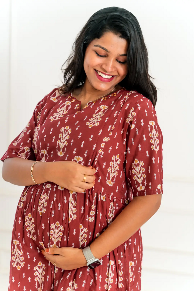 Maroon Ikkat Maternity Nursing Dress