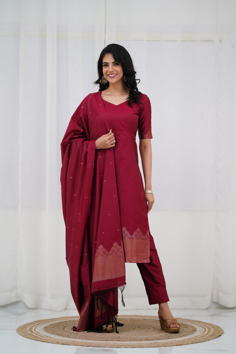 Sanvi Blended Silk Set - Maroon