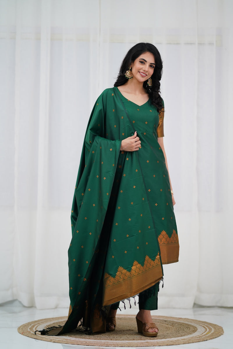 Sanvi Blended Silk Set - Bottle Green