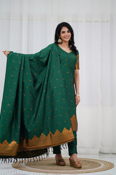 Sanvi Blended Silk Set - Bottle Green