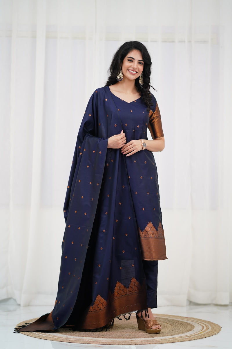 Sanvi Blended Silk Set - Navy Blue