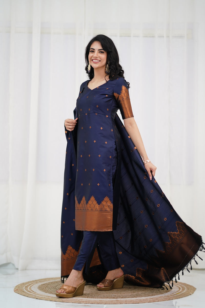 Sanvi Blended Silk Set - Navy Blue